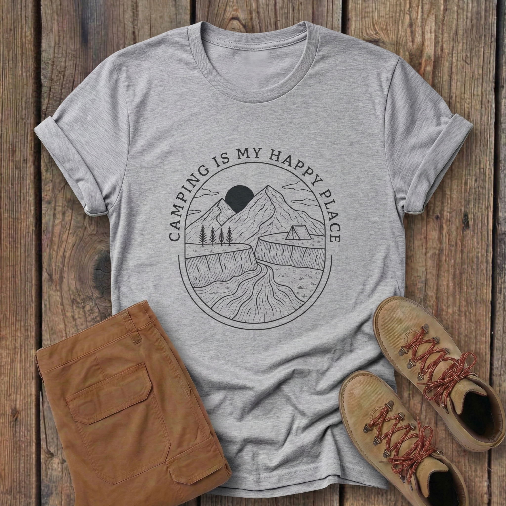 Camping Is My Happy Place T-Shirt — Outdoor Mountain Camping Graphic Tee