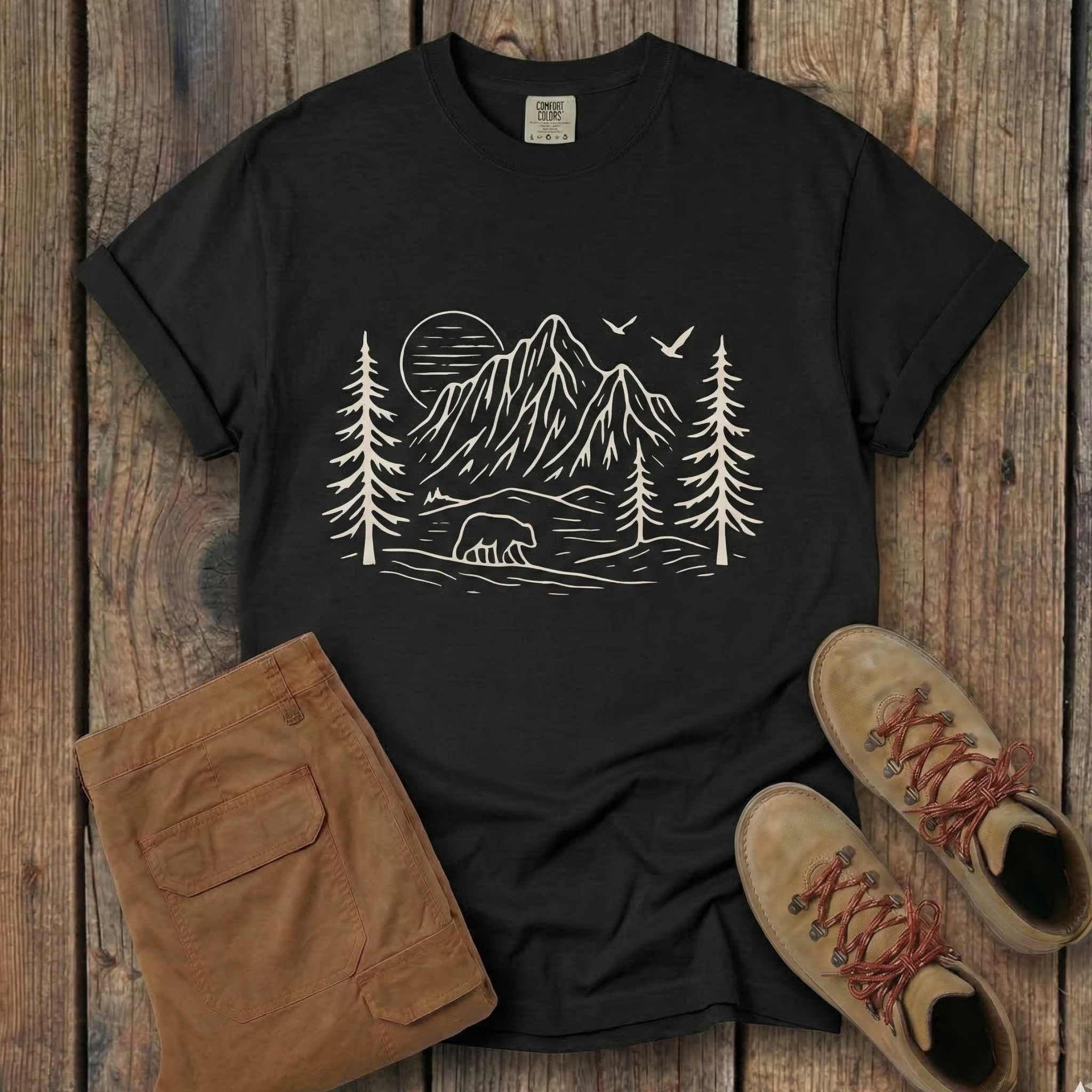 Mountain Pines Line Art T-Shirt — Minimal Nature Graphic Tee
