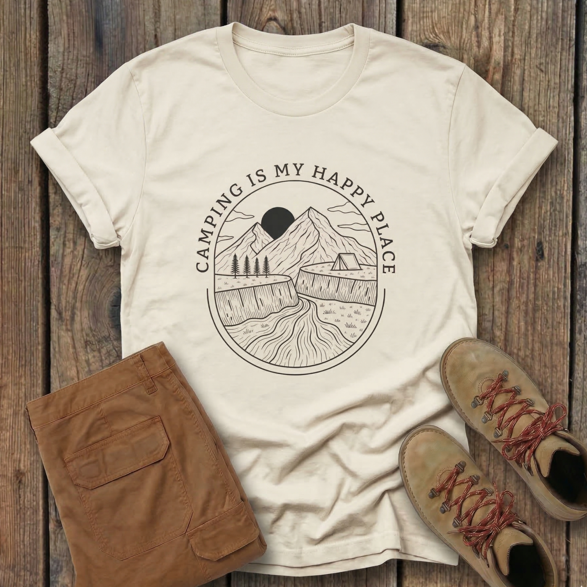 Camping Is My Happy Place T-Shirt — Outdoor Mountain Camping Graphic Tee