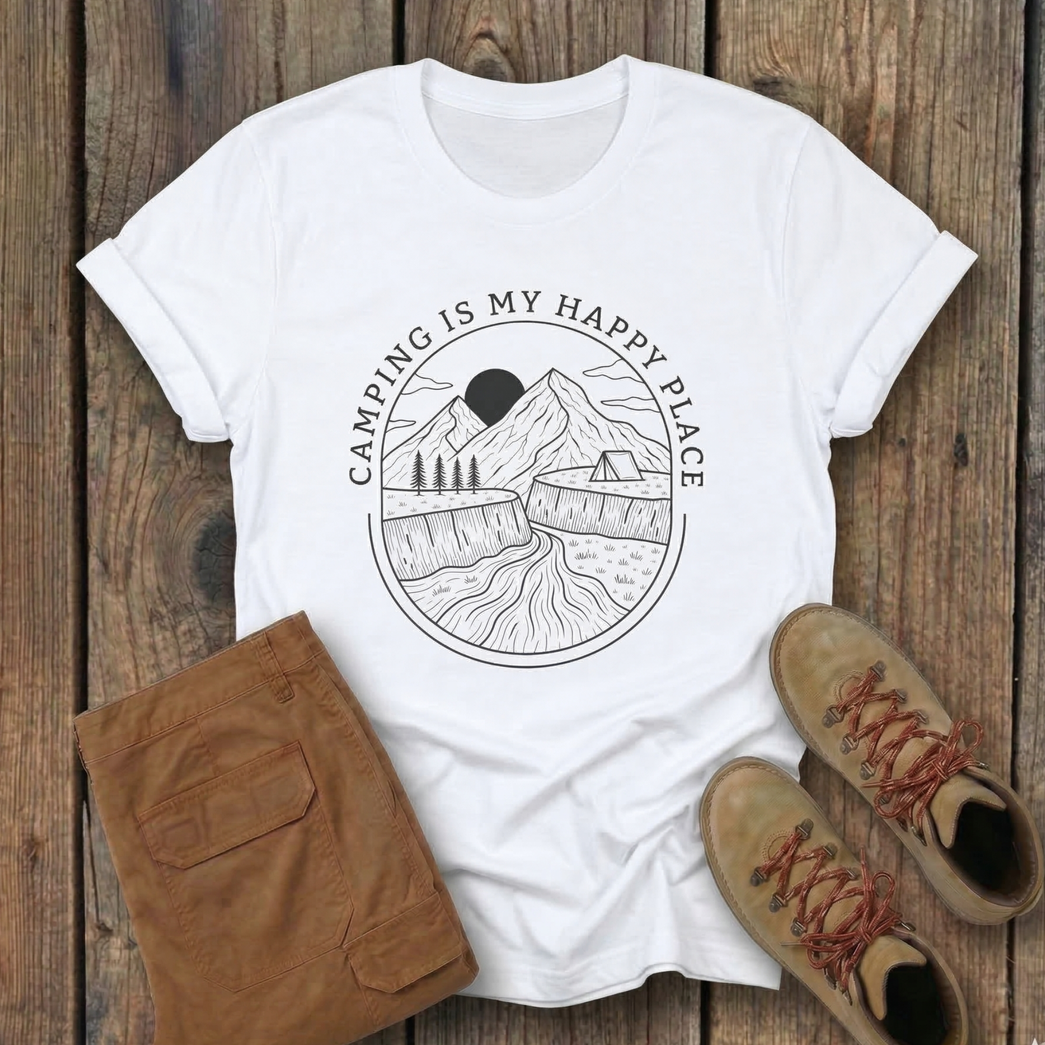 Camping Is My Happy Place T-Shirt — Outdoor Mountain Camping Graphic Tee