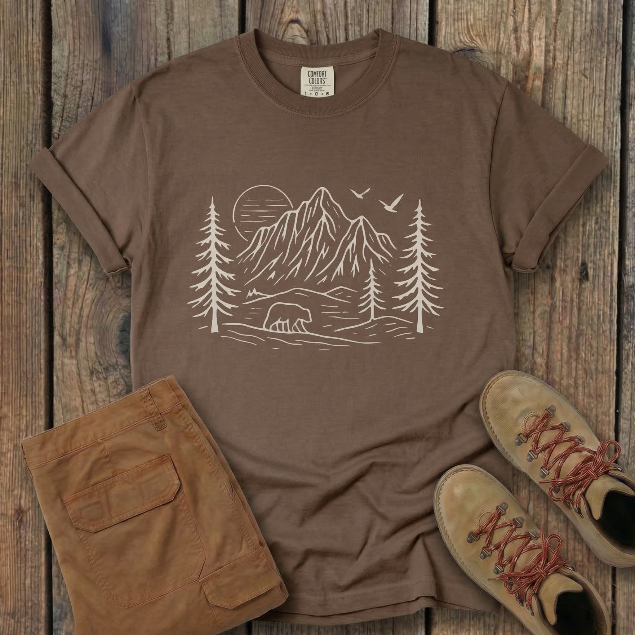 Mountain Pines Line Art T-Shirt — Minimal Nature Graphic Tee