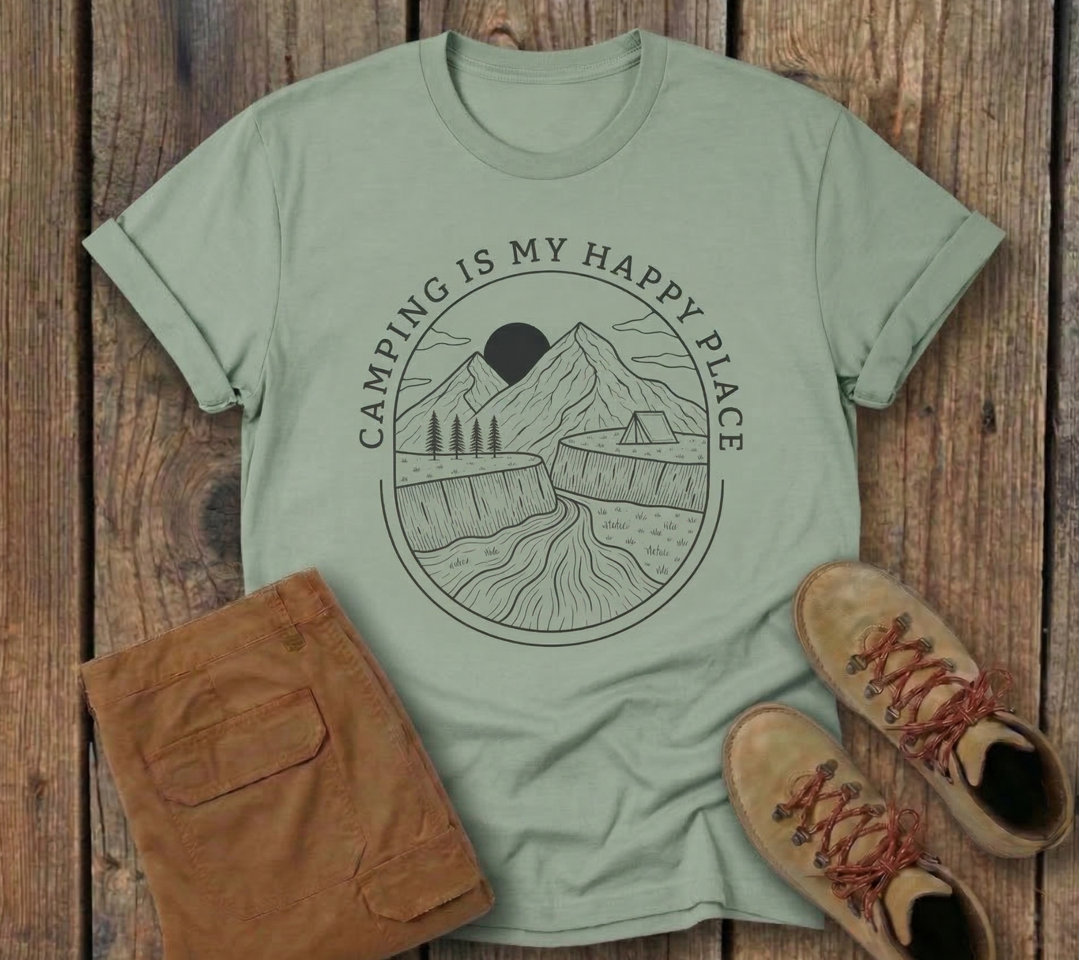 Camping Is My Happy Place T-Shirt — Outdoor Mountain Camping Graphic Tee