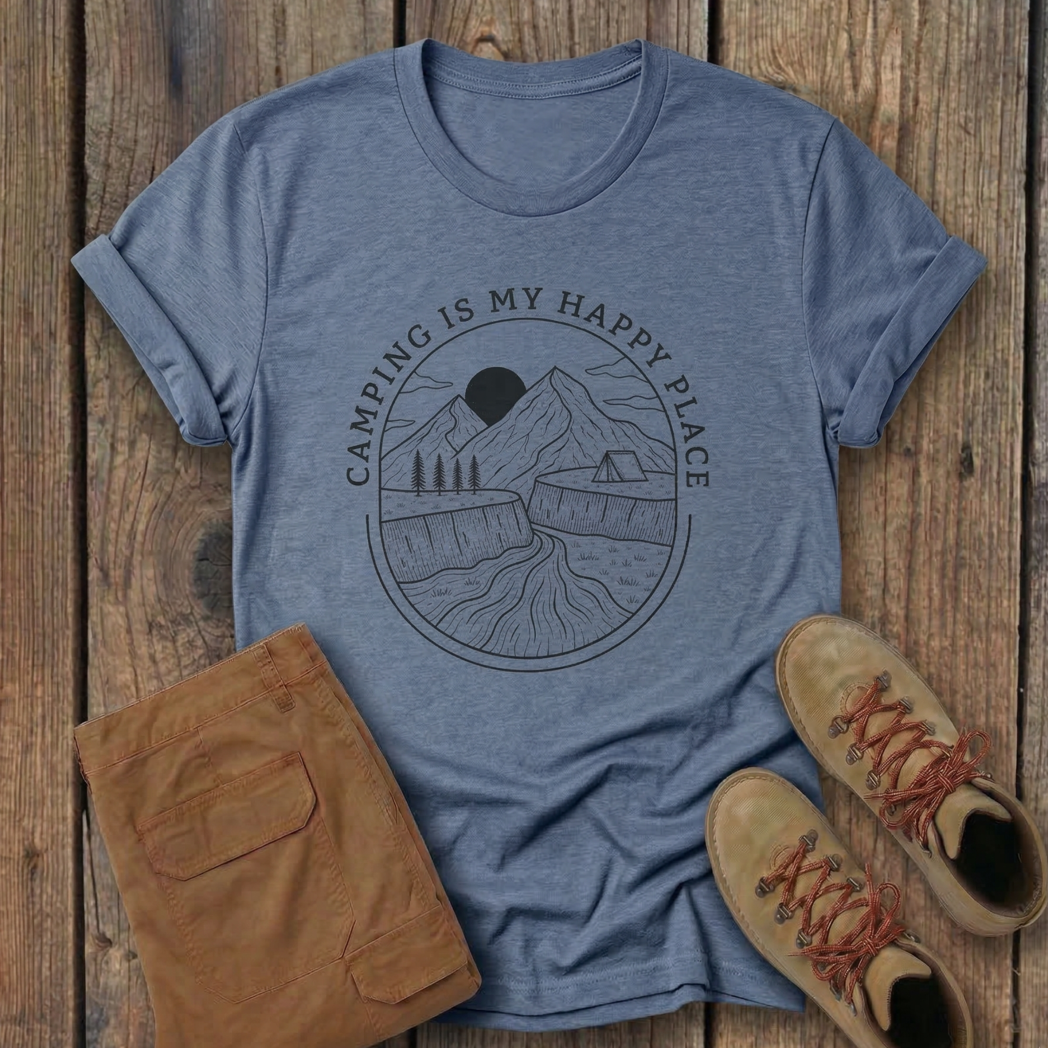 Camping Is My Happy Place T-Shirt — Outdoor Mountain Camping Graphic Tee